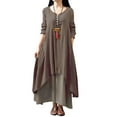 thumbnail image 1 of Maxi Dress for Women Plus Size Flowy Crew Neck Cotton Linen Dress Solid Long Sleeve Buttons Irregular Hem Maxi Dress, 1 of 8