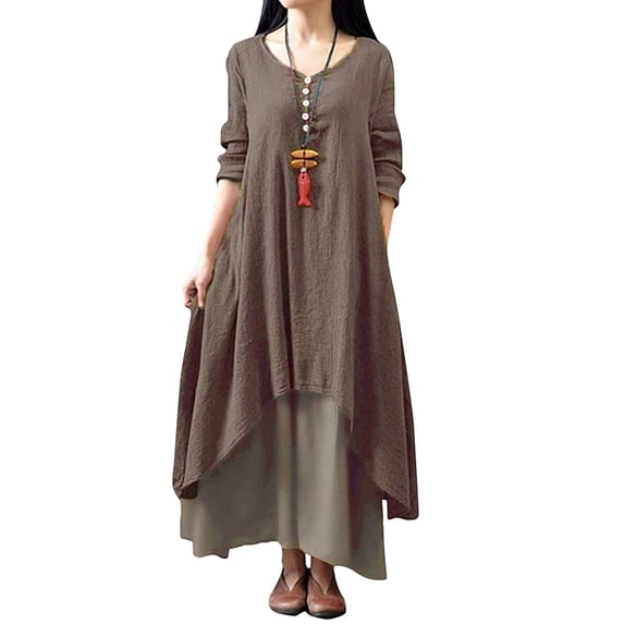 Maxi Dress for Women Plus Size Flowy Crew Neck Cotton Linen Dress Solid Long Sleeve Buttons Irregular Hem Maxi Dress