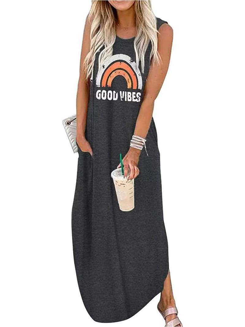Maxi Dress for Women, Sleeveless, Casual, Loose Pocket, Long Sundress,  Hawaiian Beach T-Shirt Dress, Summer Cover Up - Walmart.com