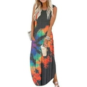 AIMITAG Maxi Dress for Women Sleeveless Casual Loose Pocket Long Dresses Hawaiian Beach Modern T Shirts Dress Summer Sundress