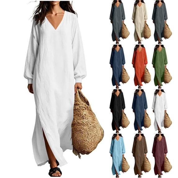 Maxi Dress for Women Solid Color Cotton Linen Long Sleeve Side Slit Loose Dress for Casual & Party Wear