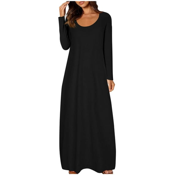 Maxi Dress for Women Solid Color Round Neck Long Sleeve Dresses Casual Fashion Loose Fit Formal Basic A-Line Dress