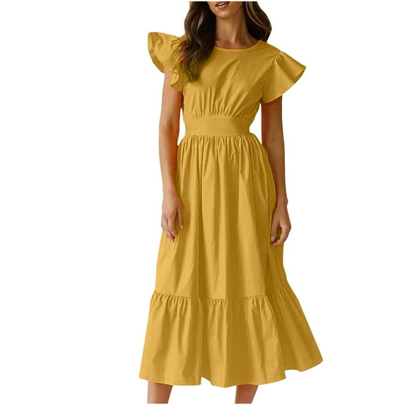 Maxi Dress for Women Solid Ruffle Sleeve Crewneck Fashion Long Dress Pleated A-line Loose Swing Beach Sun Dress