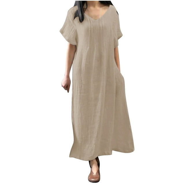 Maxi Dress for Women Summer Cotton Linen Dress Casual Loose Elegant Long Dress Short Sleeve Beach Dresses with Pockets