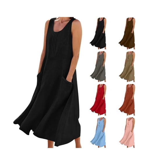 Maxi Dress for Women Summer Cotton Linen Long Dress Sleeveless Crew Neck Loose Fit Flowy Dresses with Pockets