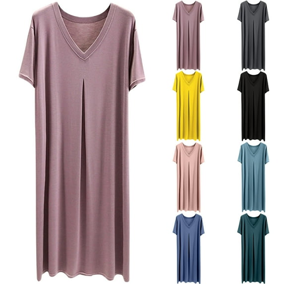 Maxi Dress for Women Summer Plus Size V-neck Nightgown Ladies Fasshion Oversize Short Sleeve Pleated Lightweight Baggy Lounge Pajamas Dresses