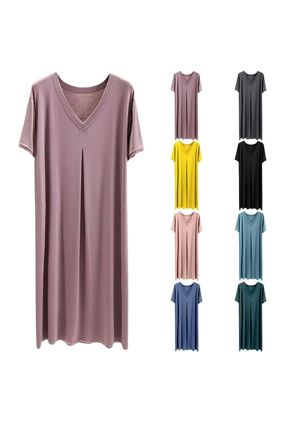 Maxi Dress for Women Summer Plus Size V-neck Nightgown Ladies Fasshion Oversize Short Sleeve Pleated Lightweight Baggy Lounge Pajamas Dresses