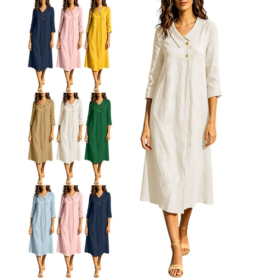 Maxi Dress for Women V-Neck Cotton Linen Loose Fit 3/4 Sleeve Button Front Flowy Beach Sundress