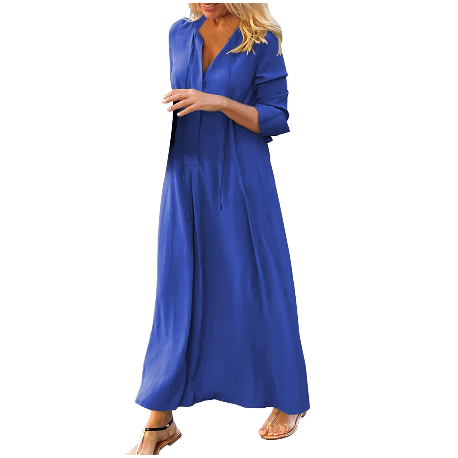 Maxi Dress for Women V Neck Solid Color Long Sleeve Dress Casual Loose ...