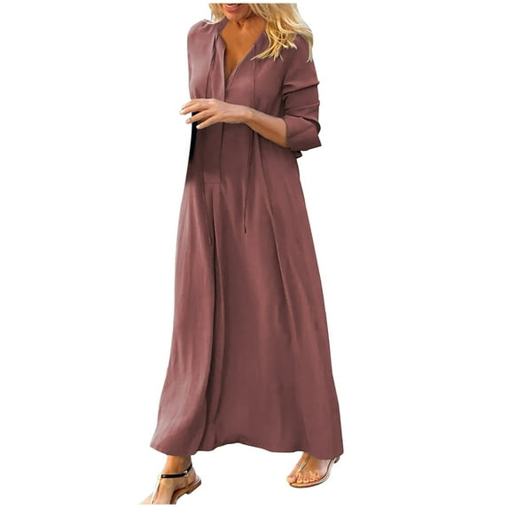 Maxi Dress for Women V Neck Solid Color Long Sleeve Dress Casual Loose Fit Flowy Fall Long Dresses