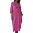 thumbnail image 1 of Maxi Dresses, Casual Loose 3/4 Sleeve Cotton Linen Solid Color Round Neck Beach Dresses With Pockets Tshirt Wedding Guest Dresses For Women Dusty Blue Bridesmaid Dresses (S, Hot Pink) ZMTing, 1 of 5
