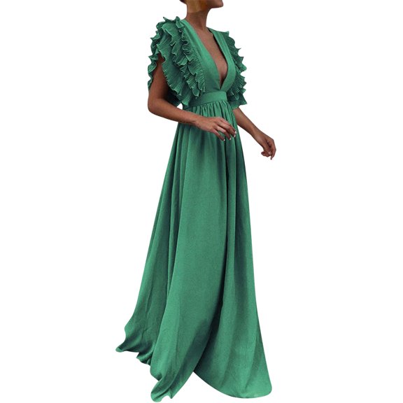 Maxi Dresses For Women 2023 Casual Wrap V Neck Ruffle Sleeve Tiered Midi Tie Waist A Line Long Prom Dress Green M