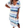 thumbnail image 1 of Maxi Dresses For Women 2024 Stripe Casual Short Sleeve V Neck Short Party Dress Tank Loose Sundress with Pocket, 1 of 5