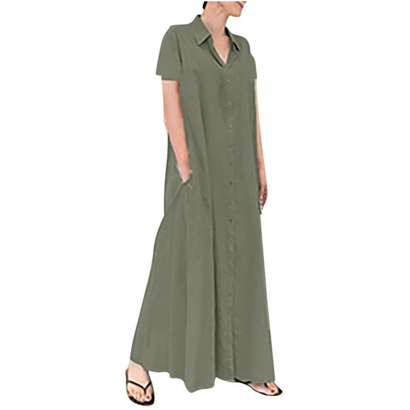 Maxi Dresses For Women 2025 Sevevn Fashion Women's Casual Sexy Round Neck Solid Summer And Short Sleeve Button Dress