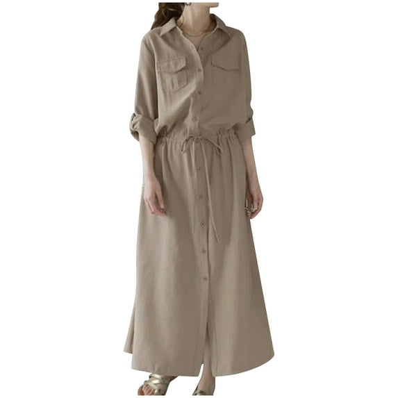 Maxi Dresses For Women Sevevn Women's Long Sleeved Lapel Loose Casual Shirt Long Skirt Dress