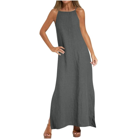 Maxi Dresses For Women Sevevn Women's Spring And Summer Solid Color Sling Loose Cotton Linen Dress