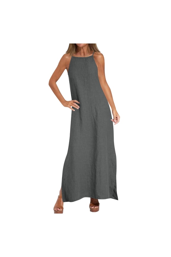 Maxi Dresses For Women Sevevn Women's Spring And Summer Solid Color Sling Loose Cotton Linen Dress