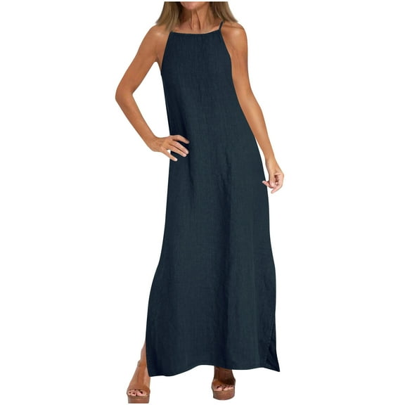 Maxi Dresses For Women Sevevn Women's Spring And Summer Solid Color Sling Loose Cotton Linen Dress