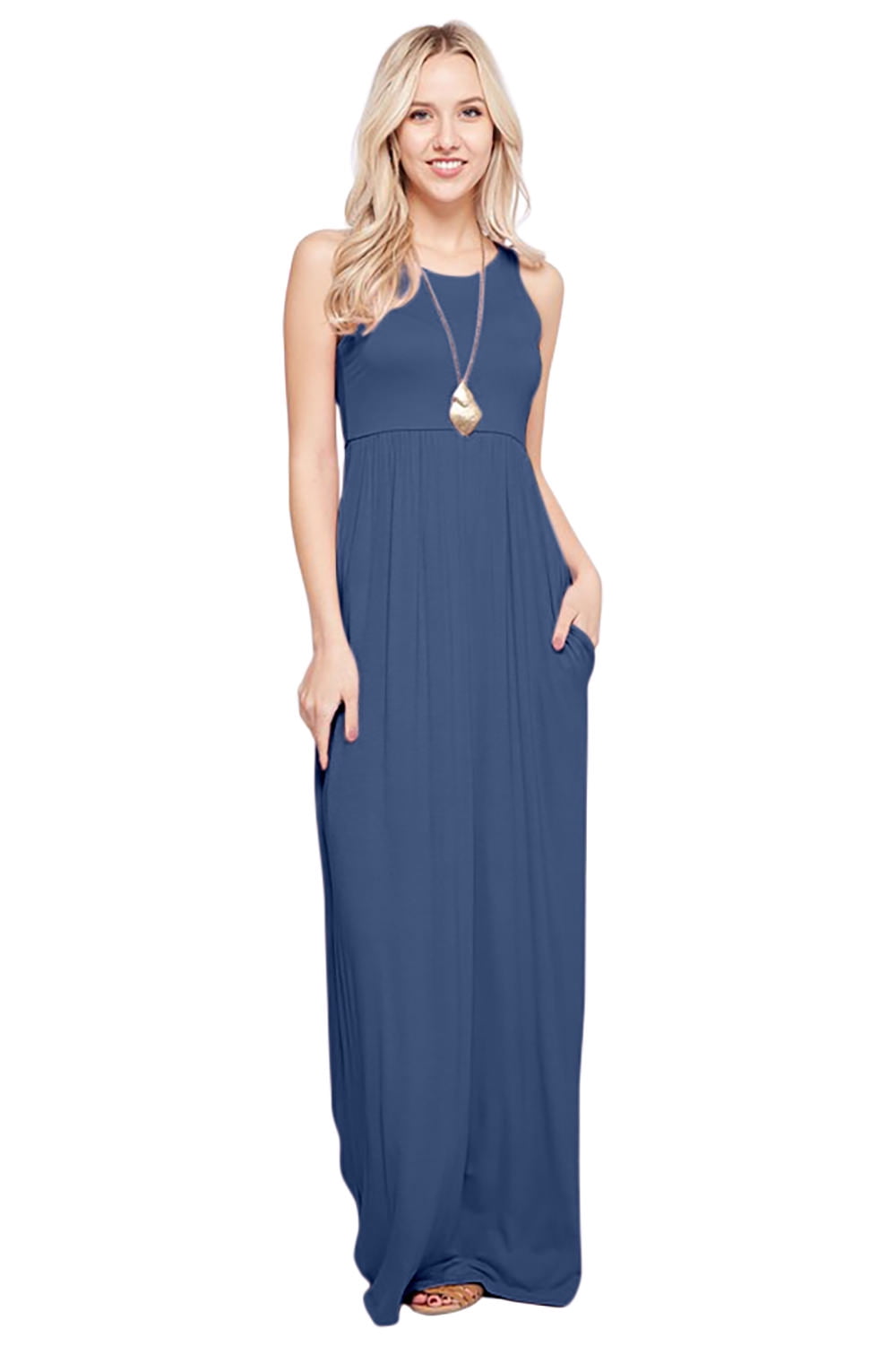 Women's Solid Color Maxi Dress - Lightweight, Racerback, Sleeveless With Pockets (Size 1X, Red)