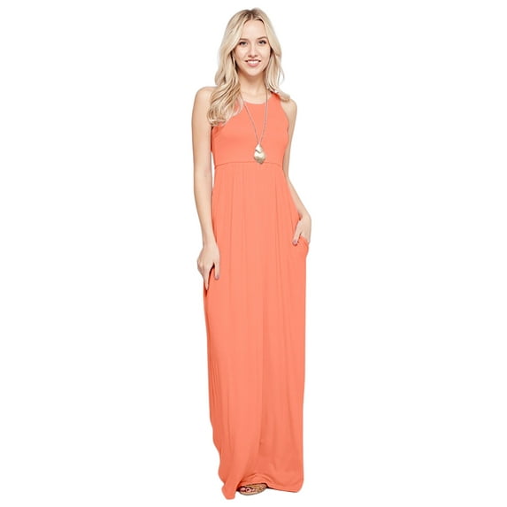 Maxi Dresses For Women Solid Lightweight Long Racerback Sleeveless W/ Pocket -Peach (Small)