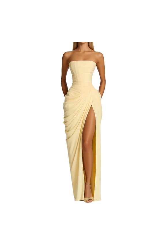 Maxi Dresses For Women, Strapless Backless High Split Long Maxi Dress Ruched Off Shoulder Sleeveless Bodycon Party Cocktail Dresses