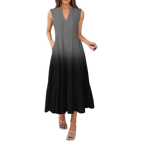 Maxi Dresses For Women Summer Casual Gradient Sleeveless V-Neck Pleated Flowy Long Tank Dresses for Women Trendy Dark Gray S