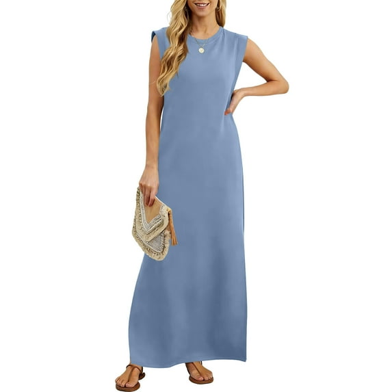 Maxi Dresses Sevevn Women's Sleeveless Maxi Dress Crew Neck Loose Fit Casual Long Dress for Summer Light Blue 2XL