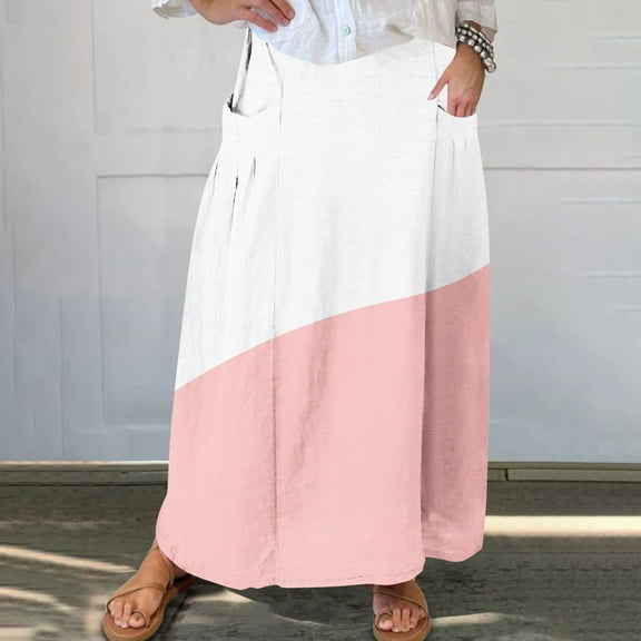 Maxi Dresses Viikei Women's Skirt with Ruffled Bottom,Women's Printed Elastic Waistband Pleated Pocket Skirt With Mid Calf Skirt Pink XXXL