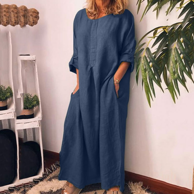Maxi Dresses for Women 2023 Fashion Women Summer Casual Full Sleeve Round  Neck Solid Linen Long Sleeve Long Dress Try Before You Buy Womens Clothing  Dresses on Clearance 