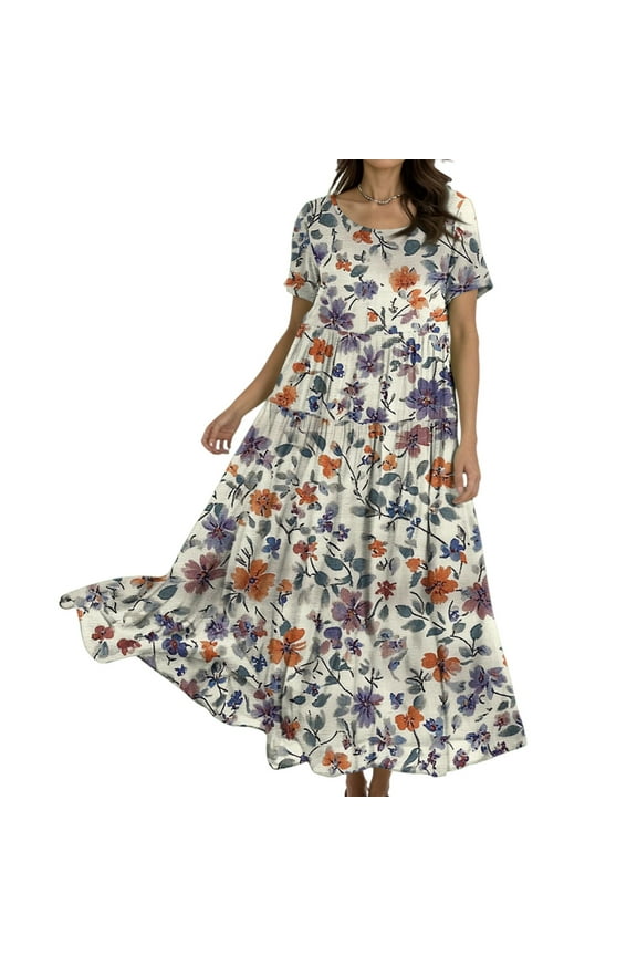 Maxi Dresses For Women 2025, Casual Loose Fit Floral Short Sleeve Boho Dress Easter Wedding Guest Summer 2025 Elegant Church Beach Party Maxi Dress Black Midi Dress (M, Multicolor) ZMTing