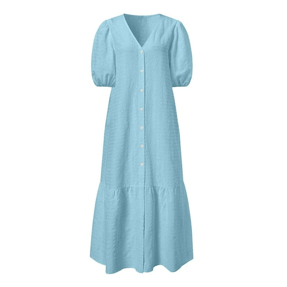 Maxi Dresses For Women 2025, Elegant V Neck Button Down Casual Dress Pleated Linen Flowy Wedding Guest Easter Church Cocktail Party Daily Wear Spring Summer Dresses Maxi (XL, Sky Blue) ZMTing