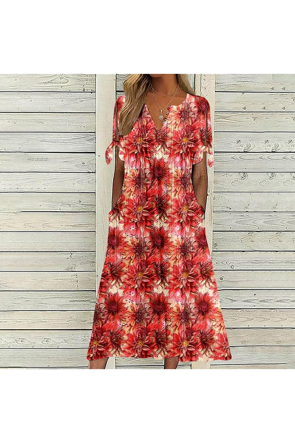 Maxi Dresses for Women 2025 Trendy Short Sleeve V Neck Eyelet Tshirt Dress Casual Summer Beach Vacation Sundress Flowy Floral Boho Ladies Dresses with Pockets Liquidaciones De