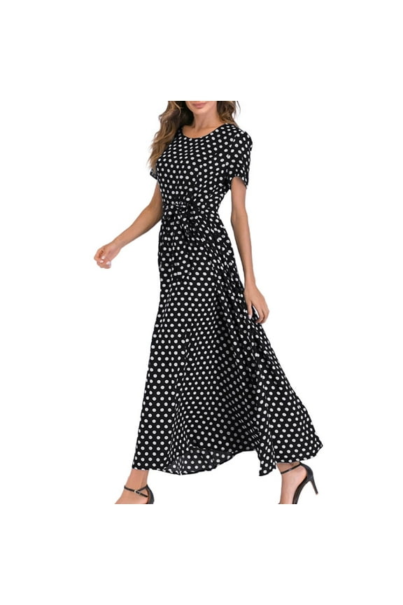 Maxi Dresses for Women Polka Dot Short Sleeve Summer Dresses with Belt Evening Party Holiday Elegant Ladies Wedding Guest Dress Beach Boho Hawaiian Dress Sundress Long Dresses