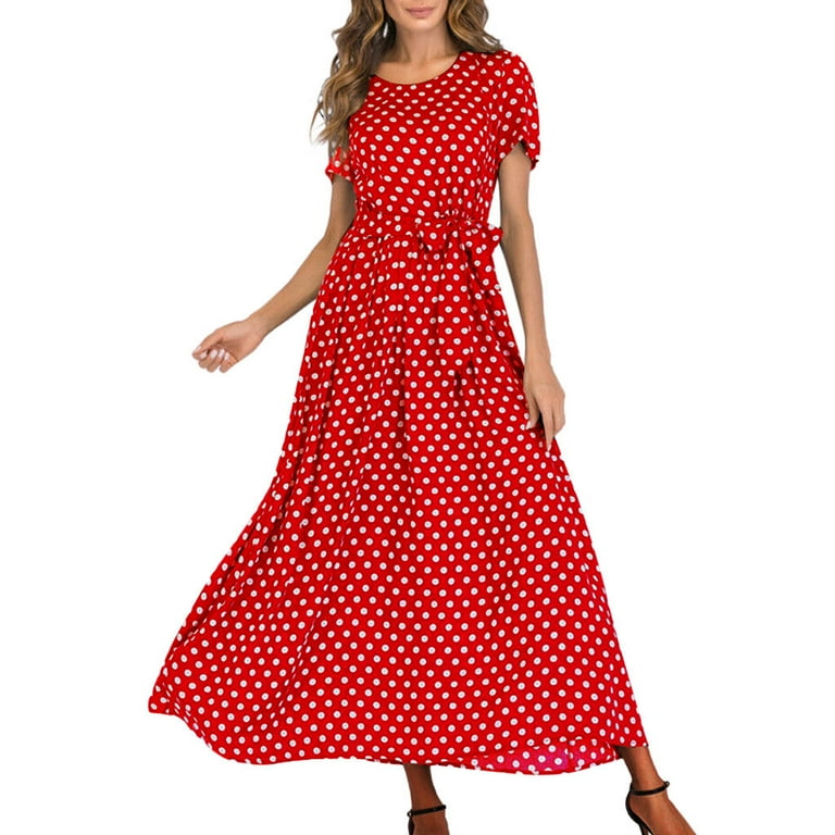 Maxi Dresses for Women Polka Dot Short Sleeve Summer Dresses with