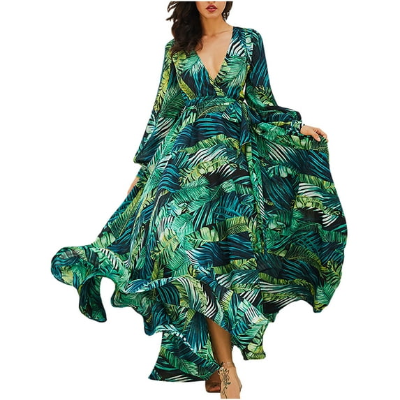 Maxi Dresses for Women Elegant Wedding Guest Green Leaves Print Summer Dresses Long Sleeve Sexy V Neck Wrap Dress Flounce Ladies Beach Boho Dress Evening Party Blackless Long Dresses