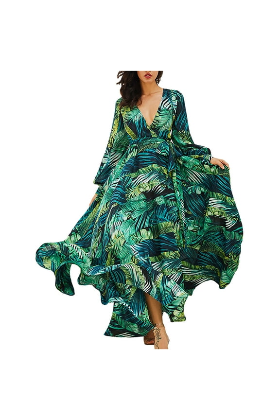 Maxi Dresses for Women Elegant Wedding Guest Green Leaves Print Summer Dresses Long Sleeve Sexy V Neck Wrap Dress Flounce Ladies Beach Boho Dress Evening Party Blackless Long Dresses