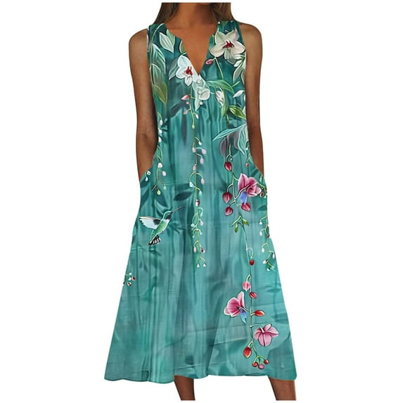 Maxi Dresses for Women Plus Size Retro Sleeveless V Neck Long Tank Dress Fashion Vintage Printed Midi Dresses with Pockets Loose Casual Flowy Summer Beach Dress Daily Lounge Dresses