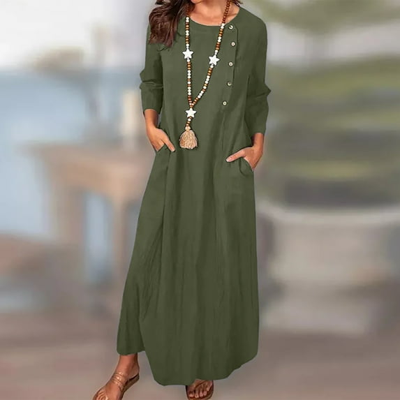 Maxi Dresses for Women Round Neck 3/4 Sleeve Solid Summer Trendy Long Dress Casual Button Down Loose Cotton Linen Long Dresses with Pocket Army Green l