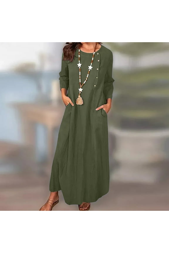 Maxi Dresses for Women Round Neck 3/4 Sleeve Solid Summer Trendy Long Dress Casual Button Down Loose Cotton Linen Long Dresses with Pocket Army Green s