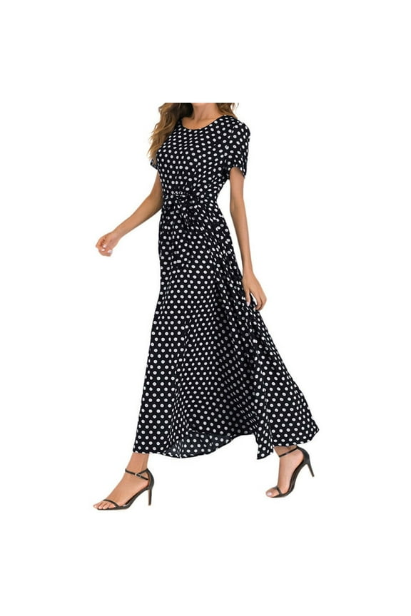 Maxi Dresses for Women Polka Dot Short Sleeve Summer Dresses with Belt Evening Party Holiday Elegant Ladies Wedding Guest Dress Beach Boho Hawaiian Dress Sundress Long Dresses
