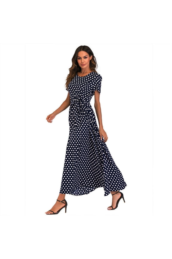 Maxi Dresses for Women Polka Dot Short Sleeve Summer Dresses with Belt Evening Party Holiday Elegant Ladies Wedding Guest Dress Beach Boho Hawaiian Dress Sundress Long Dresses