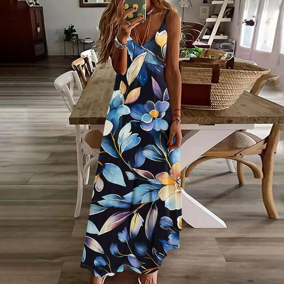 Xdegoge Maxi Dresses for Women Sleeveless V Neck Spaghetti Strap Summer Dresses Floral Print Boho Vacation Beach Dress Loose Fit Casual Plus Size Flowy Sundress Last of s