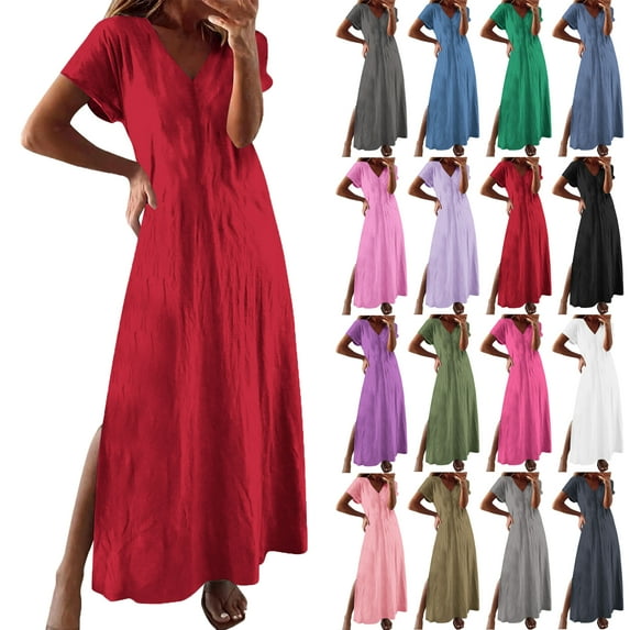 Maxi Dresses for Women Solid Color Maxi Dress Crew Neck Loose Short Sleeve Knee-length Dress Lightweight Womens Casual Summer Dress Party Office Outfit S-XXL