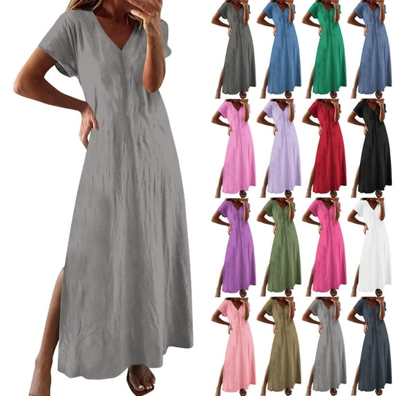 Maxi Dresses for Women Solid Color Maxi Dress Crew Neck Loose Short Sleeve Knee-length Dress Lightweight Womens Casual Summer Dress Party Office Outfit S-XXL