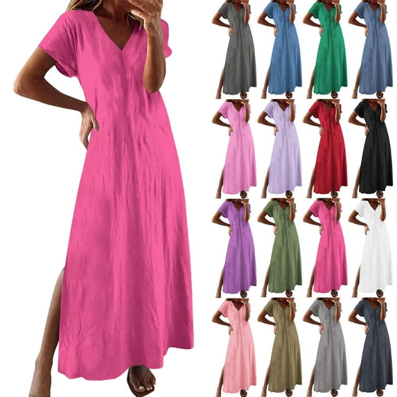 Maxi Dresses for Women Solid Color Maxi Dress Crew Neck Loose Short Sleeve Knee-length Dress Lightweight Womens Casual Summer Dress Party Office Outfit S-XXL
