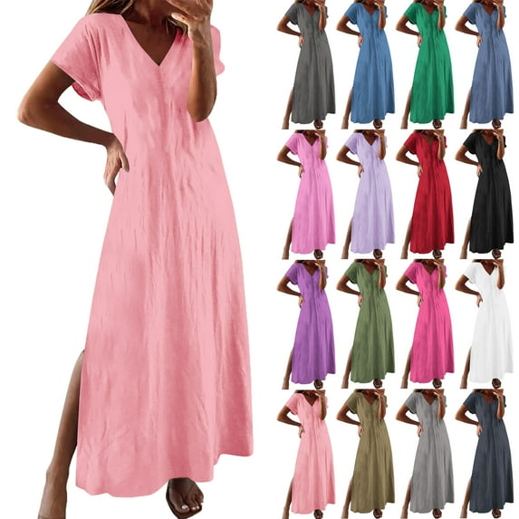 Maxi Dresses for Women Solid Color Maxi Dress Crew Neck Loose Short Sleeve Knee-length Dress Lightweight Womens Casual Summer Dress Party Office Outfit S-XXL