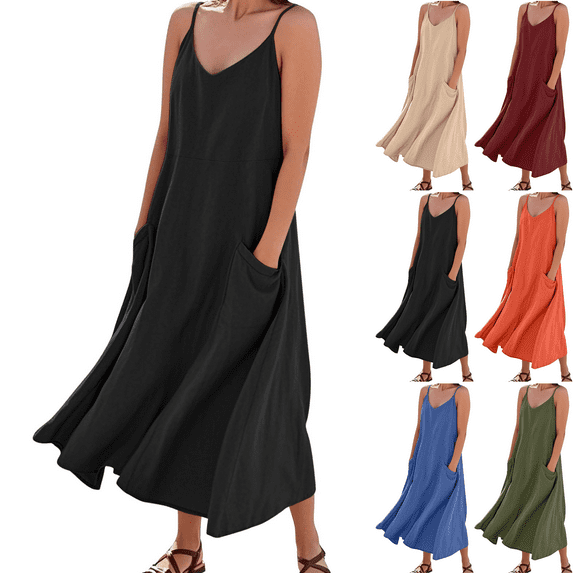 Maxi Dresses for Women Solid Color Women's Spaghetti Strap Dress with Side Pockets Strappy Dress Cotton Linen Summer Vacation Beach Party Plus Size S-XXXL