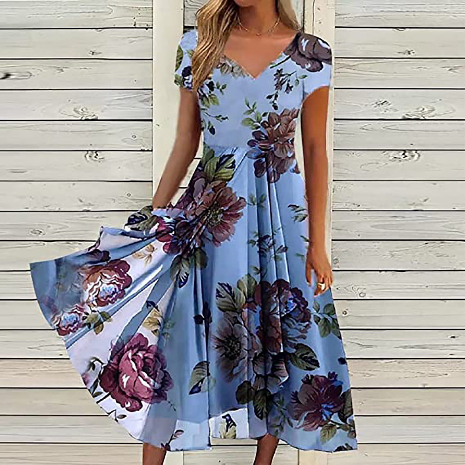 Maxi Dresses for Women V-Neck Short Sleeve Geometric Print Summer ...