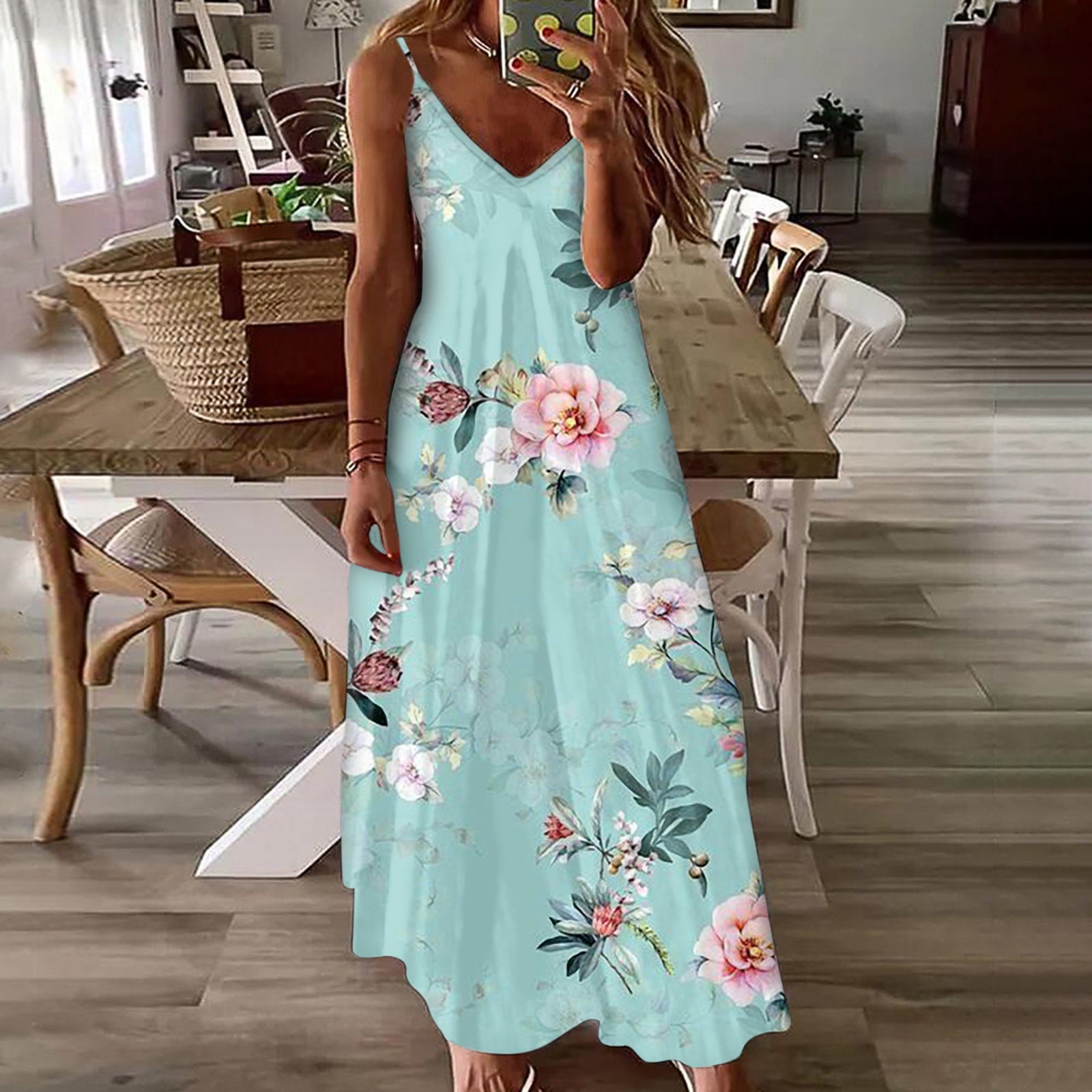 Maxi Dresses for Women V-Neck Sleeveless Daisy Print Summer