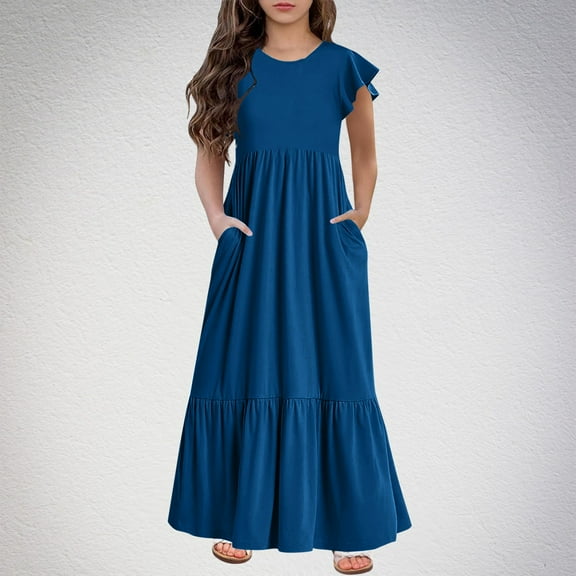 Maxi Dresses for Girls with Pockets 2025 Size 6-12 Kids Trendy Ruffle Sleeve Crewneck Solid Color Comfort Long Dress